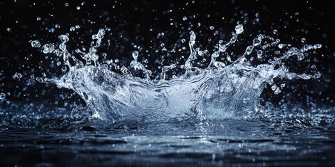 Poster - Dynamic Water Splash Captured Against a Dark Background, Highlighting the Beauty and Energy of the Water Splash in Stunning Detail. Experience the Impact of Water Splash in this Visual Masterpiece.