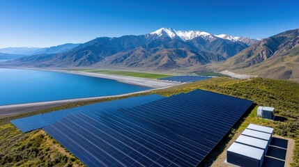 Wall Mural - Breathtaking aerial view of a large scale solar farm installation set against the backdrop of snow capped alpine mountains and a serene reflective lake