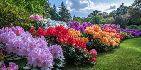 Aufkleber - Vibrant rhododendron flowers in full bloom create a stunning display in a garden. The blooming rhododendron flowers add color and life to the serene garden environment.