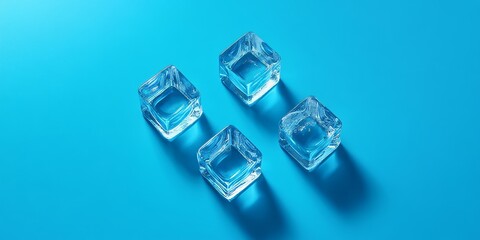 Poster - Four ice cubes with a blue hue are set against a matching blue background. This top view showcases the unique appearance of these ice cubes in a visually appealing way.
