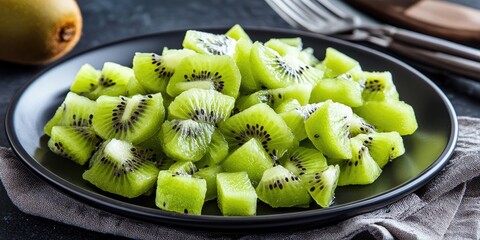 Poster - Diced kiwi fruit served on a dark plate, accompanied by a fork and a linen napkin, offers a vibrant and fresh display of diced kiwi fruit perfect for culinary presentations.