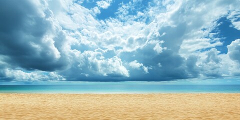 Poster - Vast empty sand beach under a stunning cloudy sky creates a tranquil scene. This serene landscape of the sand beach offers beautiful scenery and ample copy space for various uses.