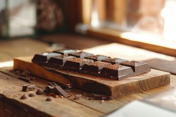 Wall Mural - Raw and finished chocolate on a wooden board, highlighting chocolatier's art and artisanal presentation. Bright indoor setting with natural lighting.