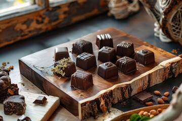 Wall Mural - Raw and finished chocolate on a wooden board, highlighting chocolatier's art and artisanal presentation. Bright indoor setting with natural lighting.