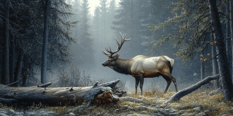 Aufkleber - Elk in a forest setting by a fallen tree presents a captivating scene. The elk stands majestically in the forest, embodying the beauty of nature beside the fallen tree.