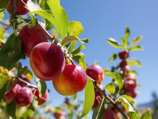 Wall Mural - Ripe plums hanging on a tree against a clear blue sky, highlighting their rich colors. Bright, natural daylight.