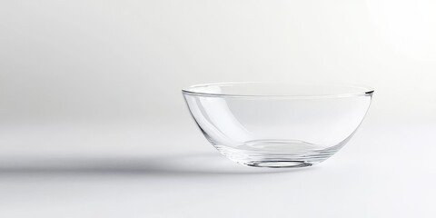 Poster - Clear glass bowl placed on a white background, showcasing the simplicity and elegance of an empty glass bowl, ideal for various creative photography uses involving glass bowl aesthetics.