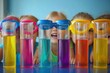 © HO - A group of young pupils wearing safety goggles, eagerly conducting a chemistry experiment with colorful liquids in test tubes, smiling and learning together in a classroom lab.