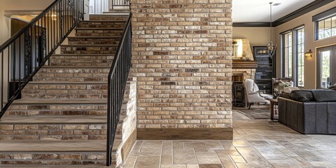 Aufkleber - Professionally installed ornamental brick wall in light brown enhances the interior of a house. This ornamental brick wall adds character and style, creating a stunning focal point in the space.