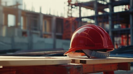 Wall Mural - Safety helmet on a wooden table at a construction site, medium shot highlighting the helmet and the construction background, natural and artificial lighting blend.