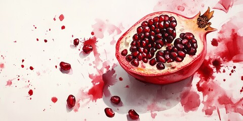 Aufkleber - Top view of pomegranate piece highlighting its seeds on a white surface, artistically complemented by red watercolor strokes, showcasing the vibrant and rich characteristics of pomegranate.