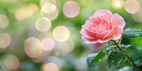 Aufkleber - Delicate pink rose surrounded by a vibrant green bokeh background, creating a stunning visual of pink rose beauty that captures attention and enhances any floral collection featuring pink rose