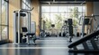 © musa - Modern gym interior with sunlight streaming through large windows, showcasing various fitness equipment.