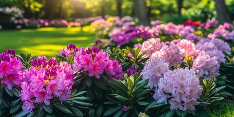 Aufkleber - Vibrant rhododendron flowers in full bloom create a stunning display in a garden. The blooming rhododendron flowers add color and life to the serene garden environment.