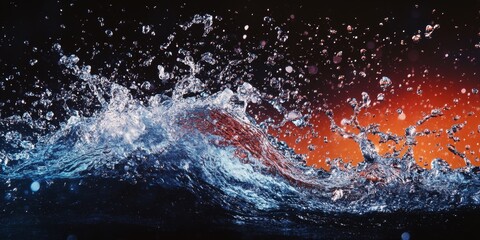 Poster - Dynamic Water Splash Captured Against a Dark Background, Highlighting the Beauty and Energy of the Water Splash in Stunning Detail. Experience the Impact of Water Splash in this Visual Masterpiece.