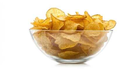 Potato chips in a clear glass bowl, showcased against a white background. This high resolution image of potato chips captures their detail with full depth of field for an appealing presentation.