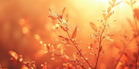 Poster - Abstract autumn background featuring orange dry plants at sunrise, adorned with delicate webs. This vintage retro image captures the essence of autumn in a unique and artistic way.