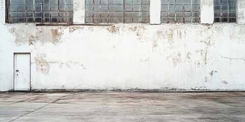 Poster - Uneven walls of an aged industrial building with a white plaster wall texture, showcasing the unique characteristics of white plaster walls in an industrial setting.