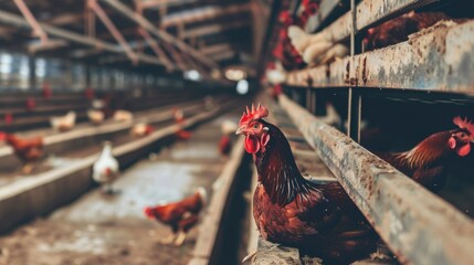 Wall Mural - Spacious chicken coop with many chickens, highlighting the scale and intensity of agricultural production, soft natural light.