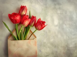 Wall Mural - Tulips emerging from an envelope, symbolizing a festive greeting or gift, soft natural light.