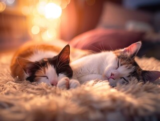 Two cats lying on a fluffy rug, capturing a peaceful and cozy moment. Soft, warm lighting.