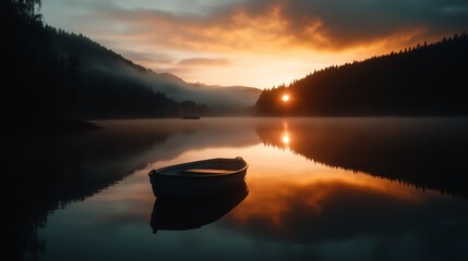 Wall Mural - sunset view over tranquil lake with a lone boat and misty mountains in the background