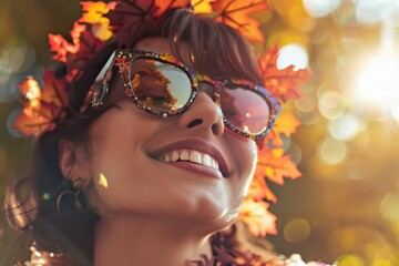 Woman with sunglasses shaped like autumn leaves and flowers, smiling, creating a cheerful and festive mood, soft daylight.