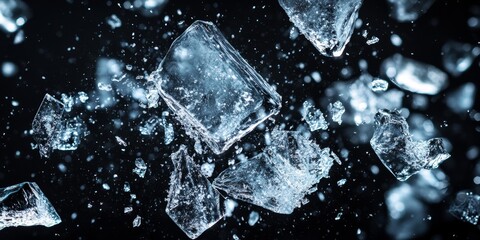 Poster - Crushed ice scattered against a dark background creates a striking visual. The dynamic shards of crushed ice evoke an explosion, showcasing the beauty of crushed ice in motion.