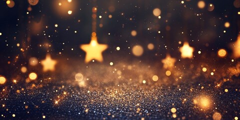 Poster - Christmas background featuring a festive golden abstract design filled with shimmering bokeh defocused lights and stars, creating an enchanting Christmas background for your creative needs.