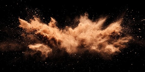 Poster - Brown particles create a dynamic splash against a black background, showcasing a striking brown dust explosion that captivates the viewer with its vivid color contrast.