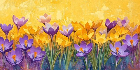 Aufkleber - Blooming spring crocuses showcase vibrant yellow and marble lilac hues in an open field, embodying the beauty of blooming spring crocuses in nature s colorful tapestry.