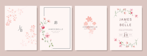 Wall Mural - Elegant wedding invitation card background vector. Minimal hand painted pink and peach watercolor botanical flowers texture. Design illustration for wedding, vip cover, poster, rsvp modern card.