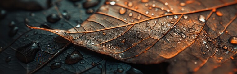 Poster - Macro shot of a leaf with raindrops highlighting intricate textures and natural beauty in a tranquil setting