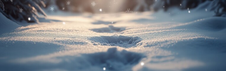 Poster - Winter trail winding through fresh snow with footprints leading into the serene light of the forest