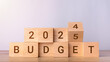 © Sewupari Studio - Flip wooden block cube for change 2024 to 2025 Budget for money planning and allocation concept