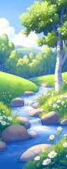 Relaxing stream flowing through lush green fields nature scene bright day peaceful environment scenic view