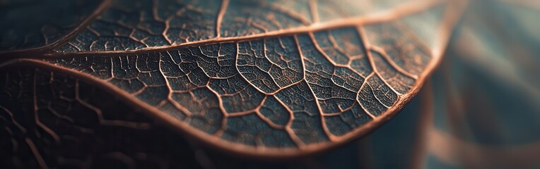 Poster - Close-up view of a leaf highlighting intricate vein patterns and natural textures in early morning light