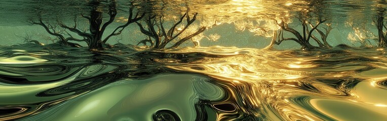 Aufkleber - Intricate abstract water surface reflecting shimmering light and twisted trees at dusk