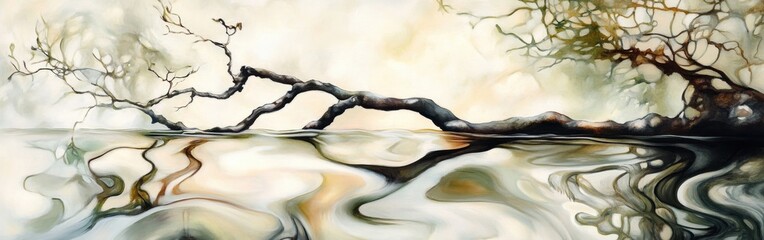 Aufkleber - Abstract reflections of tree branches on a serene water surface at sunset