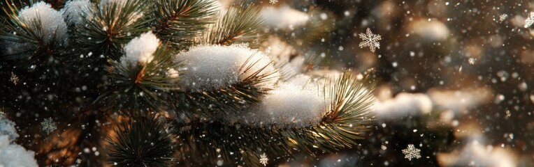 Poster - Snow-covered pine needles glisten in winter sunlight capturing the beauty of nature's frost