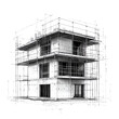 © Korngor - An architectural rendering of a three-story building with construction scaffolding, showcasing modern design and structure.,transparent background