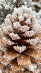 Poster - Macro view of a snow-covered pinecone revealing intricate frost details in a winter landscape