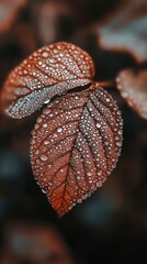Poster - Macro shot of a leaf covered in raindrops showcasing intricate details and textures in a natural setting