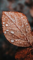 Poster - Detailed macro shot of a leaf adorned with raindrops captured in a natural setting with soft lighting