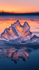 Poster - Macro shot of intricate ice formation reflecting sunset hues on tranquil lake surface