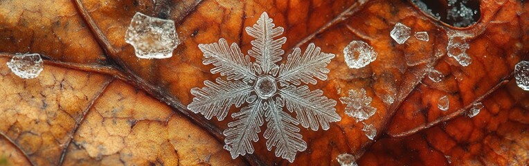 Leinwandbilder - Snowflake intricately formed and resting on a dried leaf during winter's chill