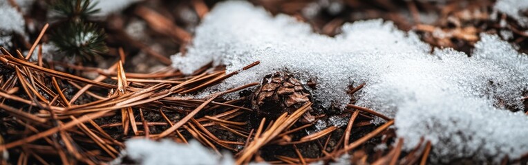 Poster - Snow-covered forest floor reveals pine needles and pine cones under soft white snow in a tranquil winter landscape