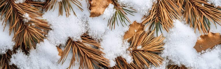 Poster - Snow-covered forest showcasing fallen leaves and pine needles on a tranquil winter day in a secluded woodland