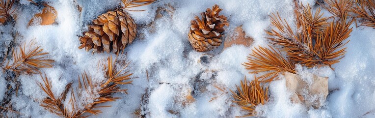 Poster - Snow-covered forest displaying pine cones and needles, showcasing winter's serene beauty and natural textures