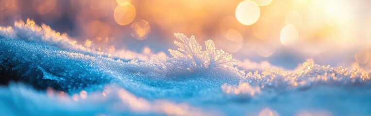 Fototapete - Macro view of intricate frost patterns on a winter landscape during the golden hour